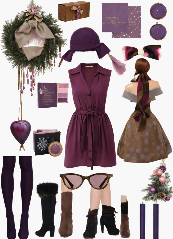 Outerwear, Shoe, Hairstyle, Hat, Dress, Purple