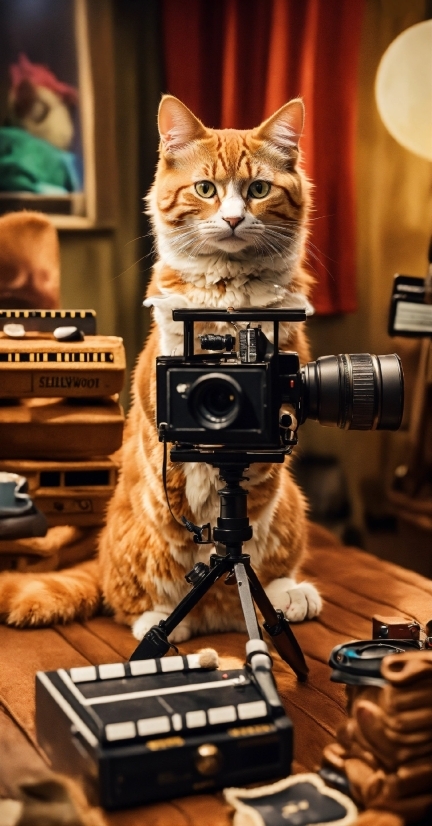 Photograph, Cat, Tripod, Camera Lens, Table, Camera Accessory
