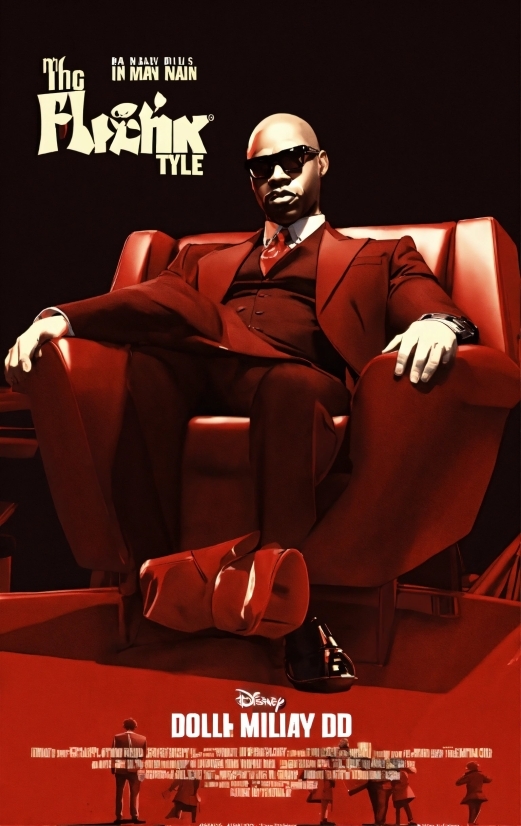 Poster, Sunglasses, Chair, Red, Tie, Font
