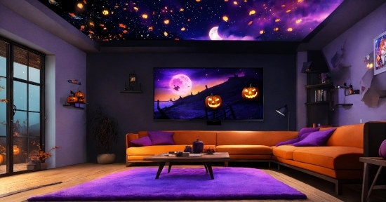 Property, Furniture, Building, Couch, Purple, Lighting