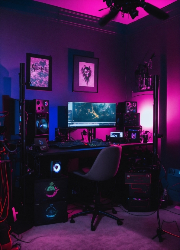 Purple, Building, Desk, Lighting, Entertainment, Table