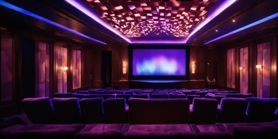 Purple, Interior Design, Entertainment, Curtain, Building, Chair