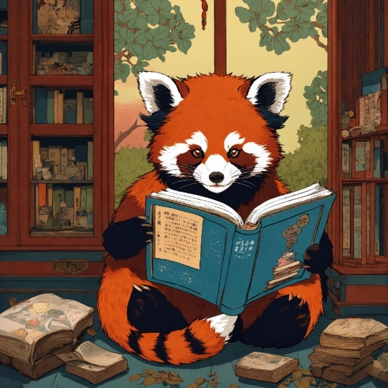 Red Panda, Bookcase, Shelf, Orange, Art, Plant
