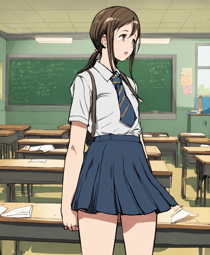 School Uniform, Cartoon, Window, Sleeve, Table, Thigh