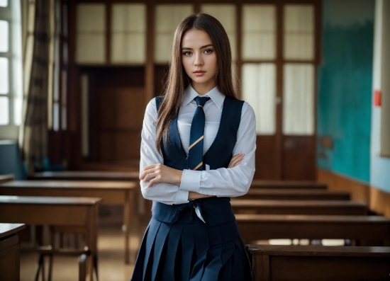 School Uniform, Dress Shirt, Window, Neck, Flash Photography, Sleeve