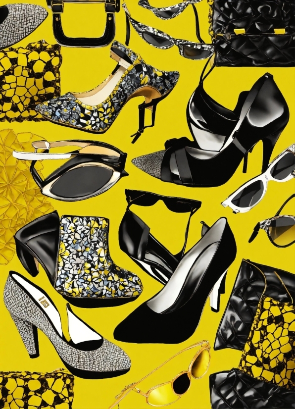 Shoe, Black, Yellow, Art, Font, Line
