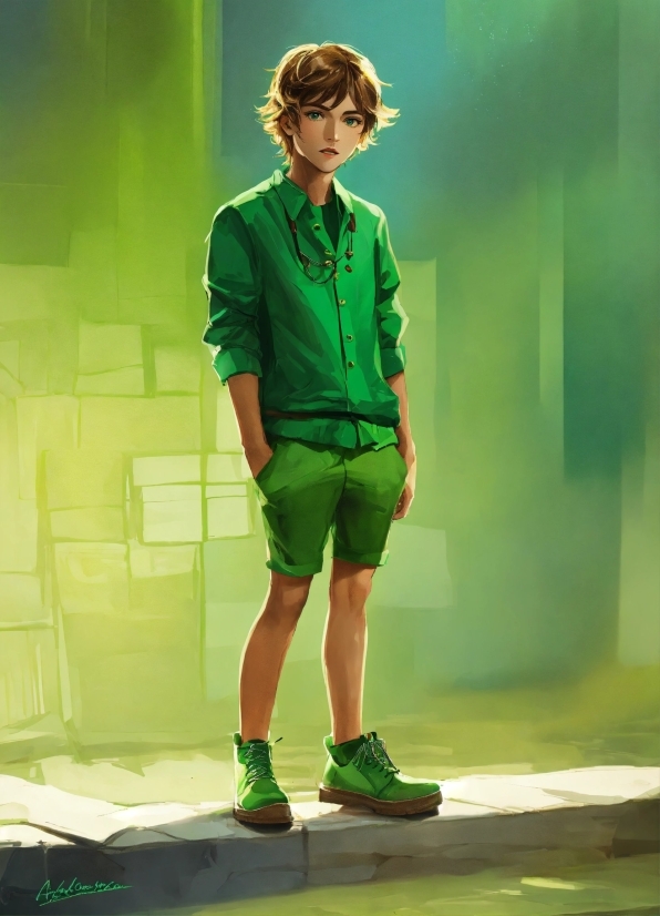 Shoe, Green, Sleeve, Standing, Shorts, Fashion Design