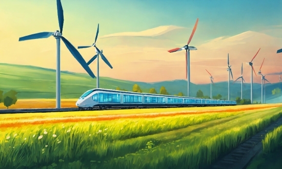Sky, Windmill, Cloud, Plant, Ecoregion, Train