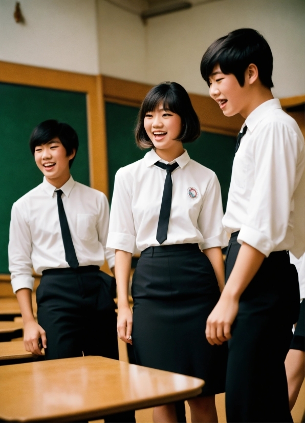 Smile, School Uniform, Table, Sleeve, Standing, Gesture