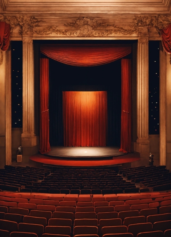 Stage Is Empty, Theater Curtain, Interior Design, Building, Amber, Entertainment