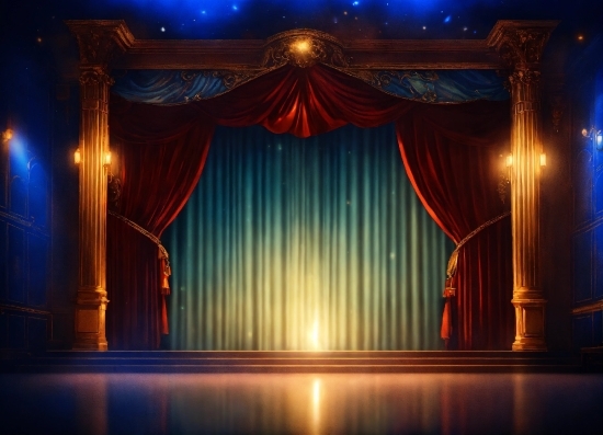 Theater Curtain, Blue, Stage Is Empty, Entertainment, Textile, Performing Arts