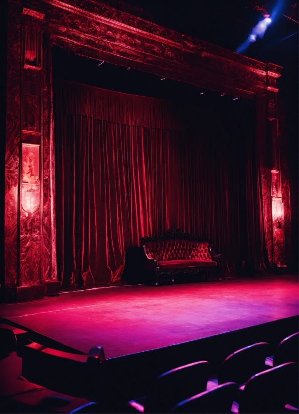 Theater Curtain, Light, Building, Lighting, Stage Is Empty, Purple
