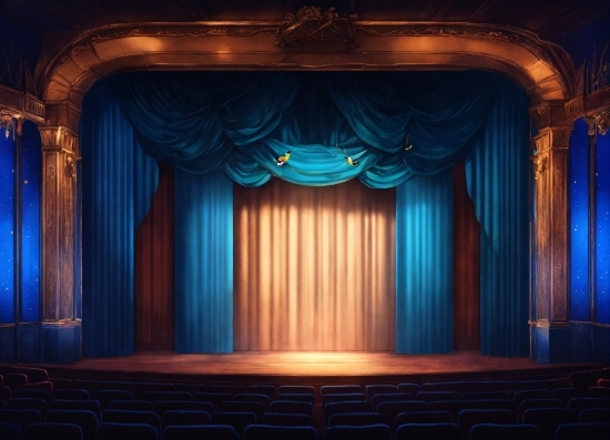 Theater Curtain, Stage Is Empty, Blue, Entertainment, Curtain, Performing Arts
