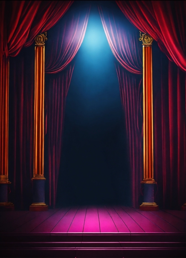 Theater Curtain, Stage Is Empty, Purple, Entertainment, Textile, Lighting