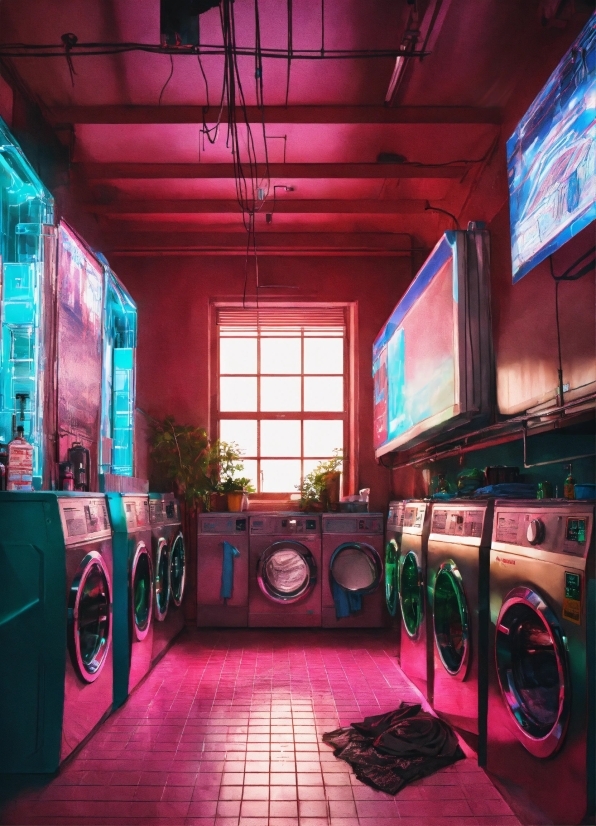 Washing Machine, Blue, Purple, Lighting, Interior Design, Television