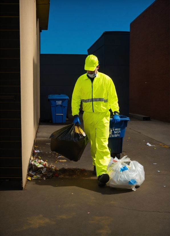 Workwear, High-visibility Clothing, Road Surface, Asphalt, Waste Container, Plastic Bag