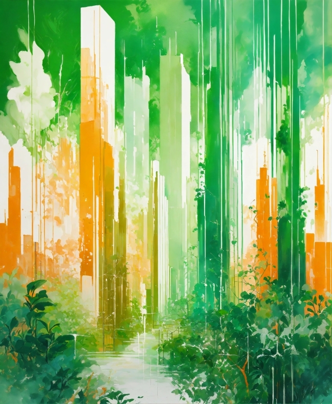 Art Paint, Green, Skyscraper, Natural Landscape, Nature, Paint