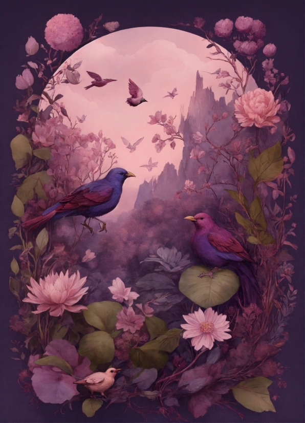 Bird, Flower, Plant, Picture Frame, Purple, Leaf