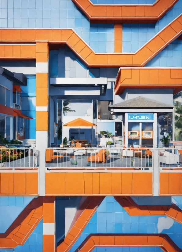 Blue, Building, Orange, Architecture, Urban Design, Line
