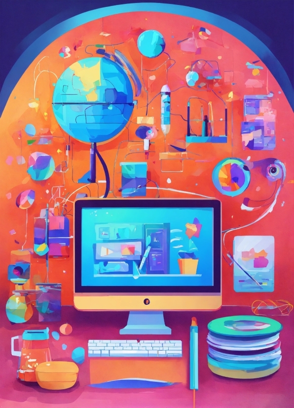 Blue, Red, Computer Monitor, Television, Entertainment, Art