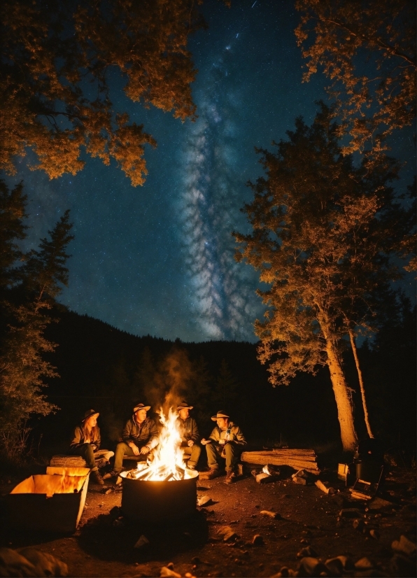 Bonfire, Light, Sky, Natural Environment, Plant, People In Nature