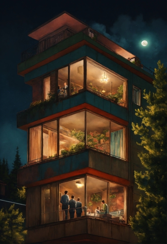 Building, Window, Light, Moon, Plant, Tree