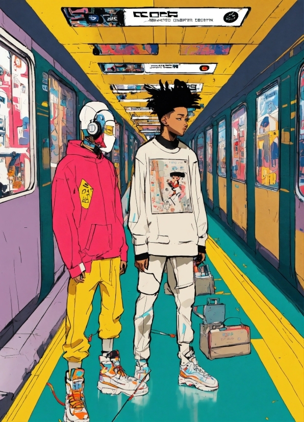 Cartoon, Human, Art, Standing, Train, Yellow