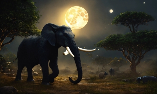 Elephant, Sky, Plant, Ecoregion, Light, Moon