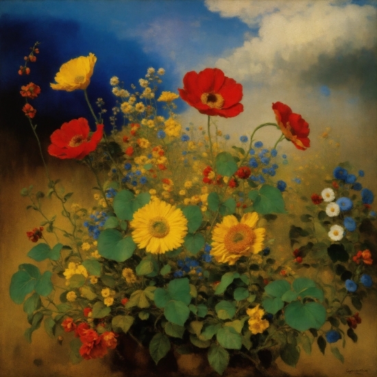 Flower, Cloud, Plant, Sky, Petal, Paint