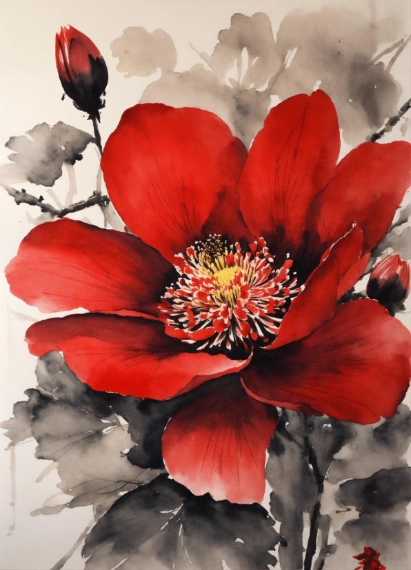 Flower, Plant, Petal, Art, Red, Painting
