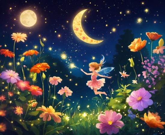 Flower, Plant, Sky, Moon, Light, People In Nature
