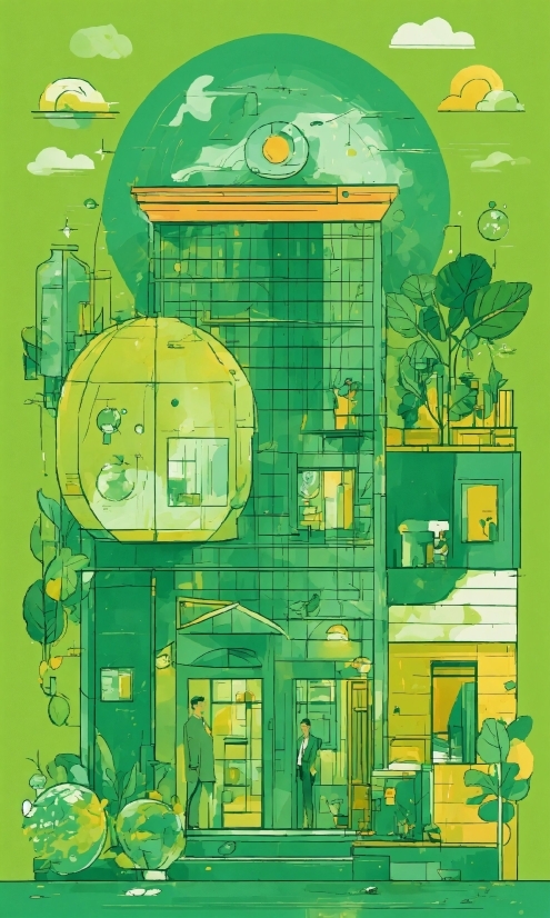 Green, Organism, Art, Rectangle, Building, Illustration