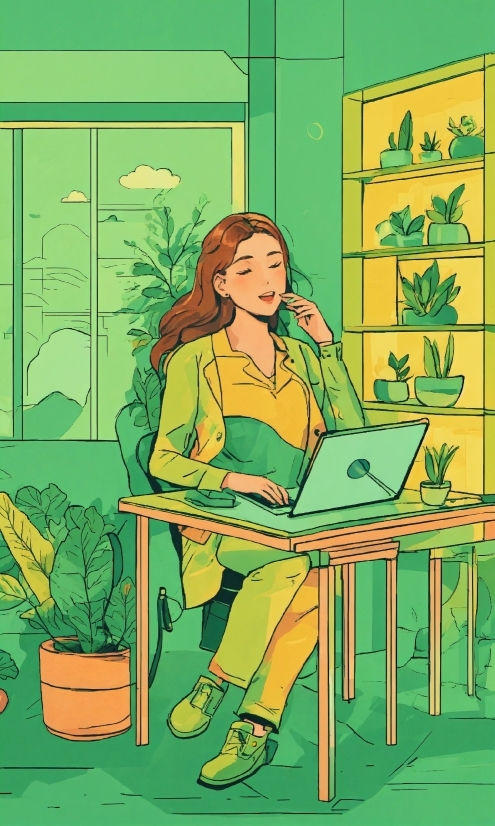 Green, Plant, Laptop, Cartoon, Art, Illustration