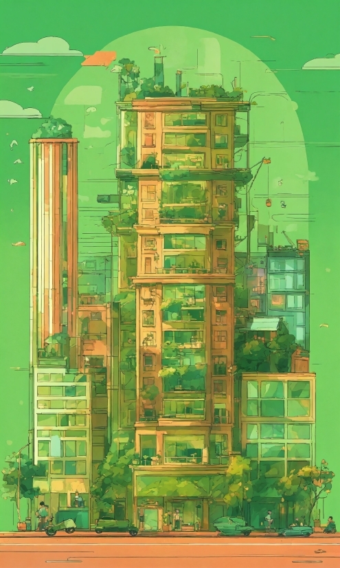 Green, Rectangle, Building, Urban Design, Art, Painting