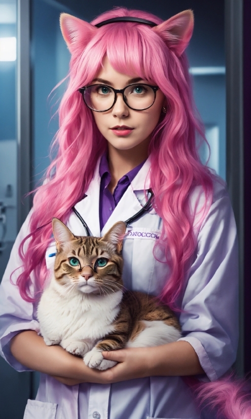 Hairstyle, Facial Expression, Cat, Purple, Vision Care, Felidae