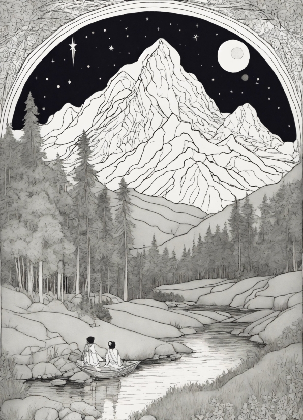 Mountain, White, Plant, Moon, Art, Painting