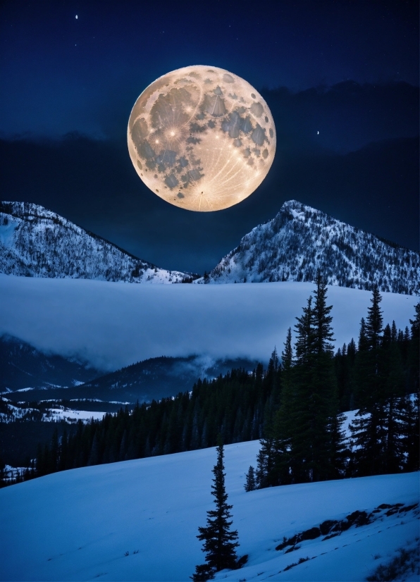 Sky, Atmosphere, Mountain, Moon, Snow, Light