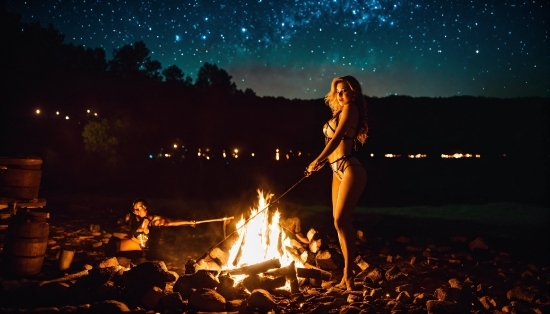 Sky, People In Nature, Bonfire, Flash Photography, Fire, Tree