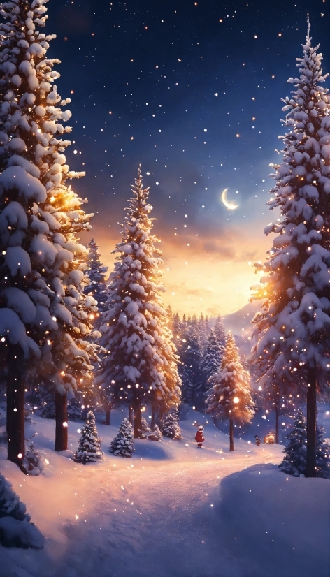 Sky, Snow, Christmas Tree, Photograph, Plant, Light