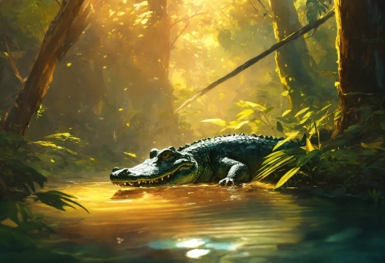 Water, Plant, Crocodile, Natural Landscape, Tree, Sunlight