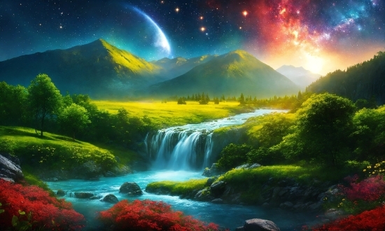 Water, Plant, Sky, Mountain, Green, Light