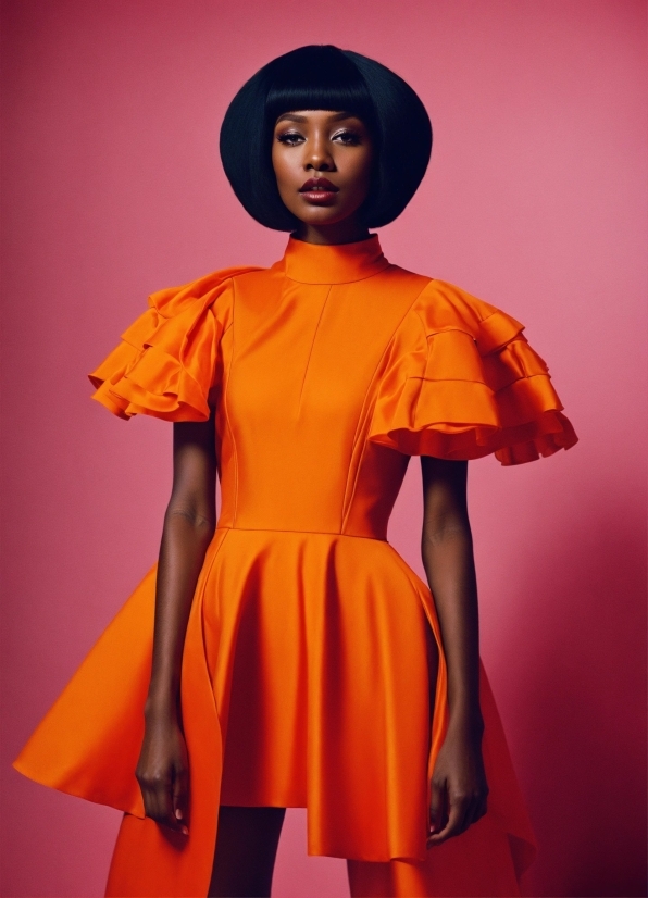 Arm, Shoulder, One-piece Garment, Dress, Neck, Orange