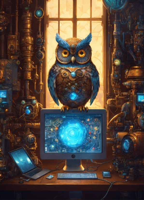 Blue, Bird, Great Horned Owl, Personal Computer, Art, Computer Monitor