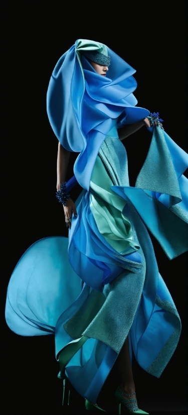 Blue, Human Body, Dress, Silk, Sleeve, Aqua