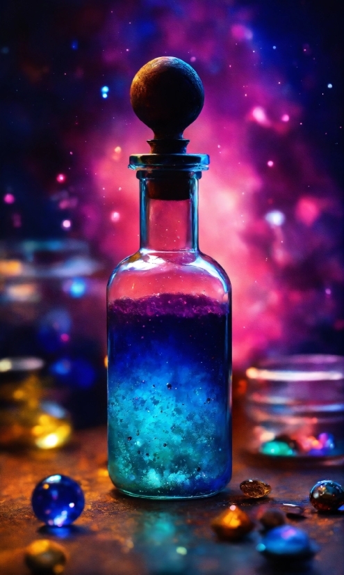 Bottle, Drinkware, Liquid, Blue, Light, Purple