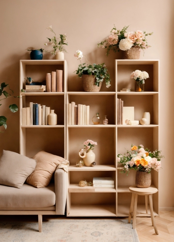 Brown, Flower, Furniture, Plant, White, Shelf