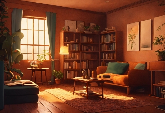Brown, Furniture, Property, Bookcase, Plant, Picture Frame