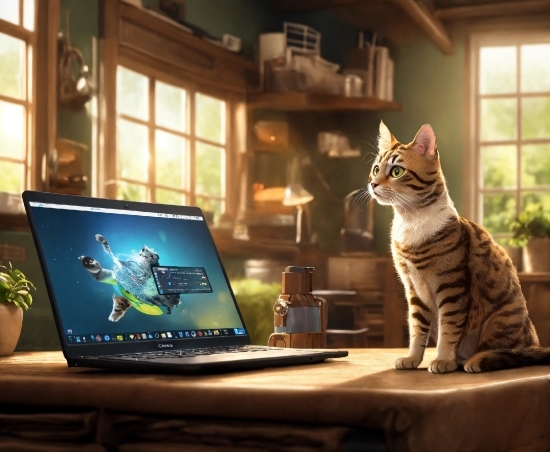 Cat, Computer, Window, Personal Computer, Plant, Felidae