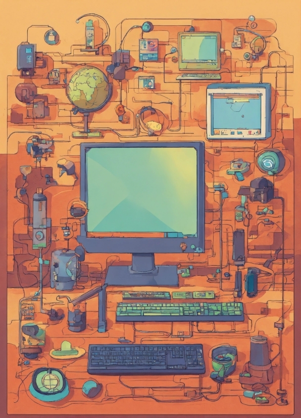 Computer Monitor, Orange, Art, Gadget, Rectangle, Wall