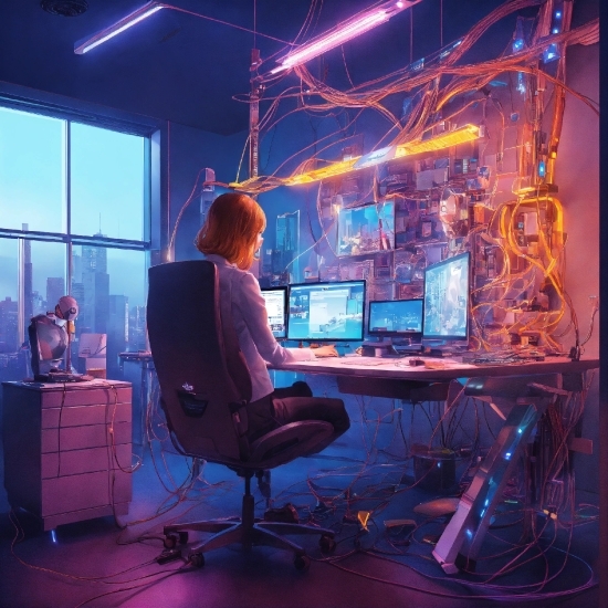 Computer, Personal Computer, Table, Purple, Laptop, Chair